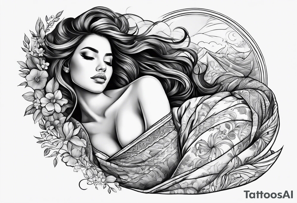 girl sleeping in fabric of reality blanket tattoo idea