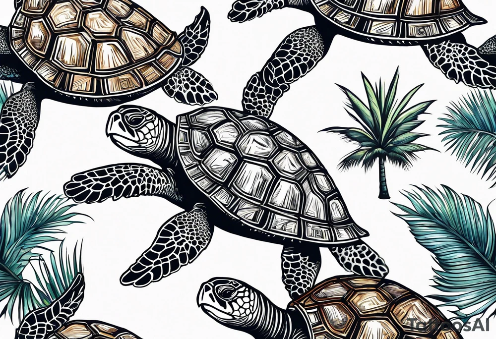 Sea turtle Beach tropical palm trees tattoo idea