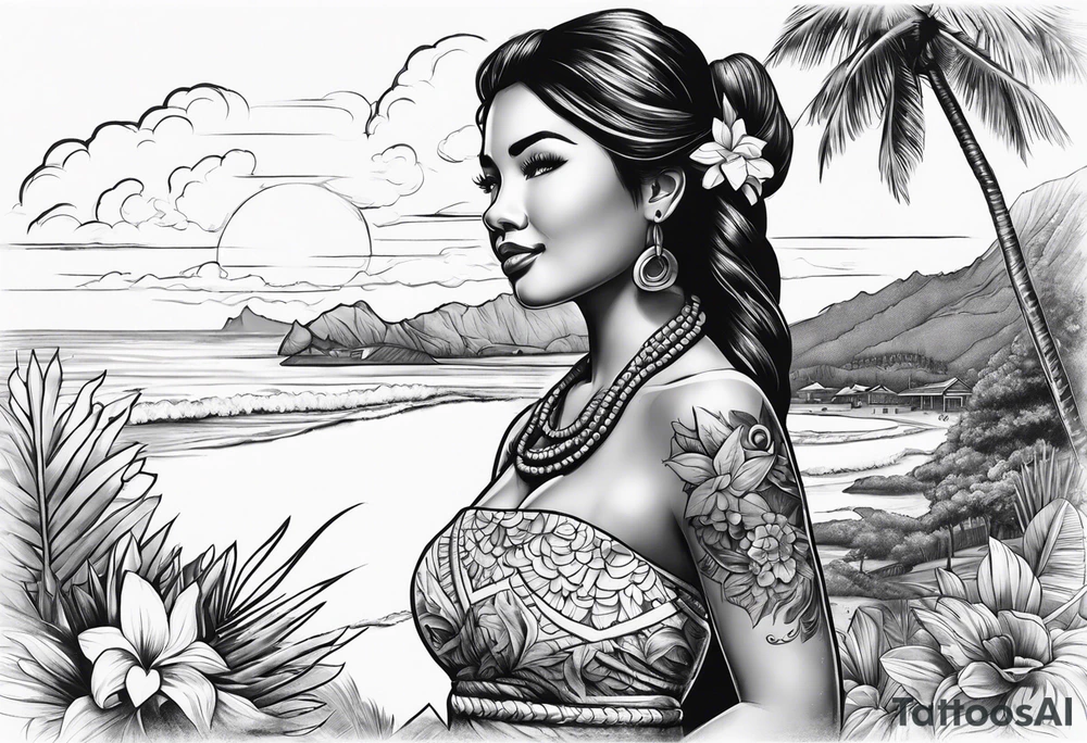 Hula Girl with scenic background tattoo idea