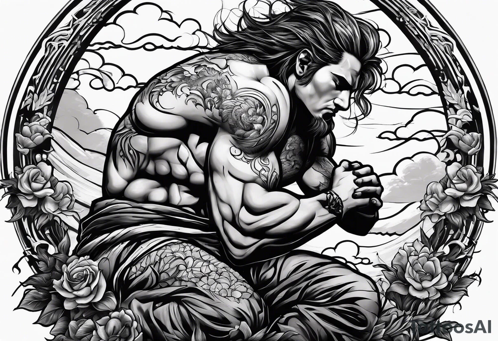 Men kneeling like he went through s bad time and a cloud looking like a debil behind him tattoo idea