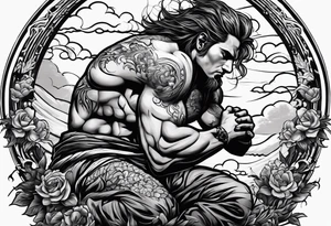 Men kneeling like he went through s bad time and a cloud looking like a debil behind him tattoo idea