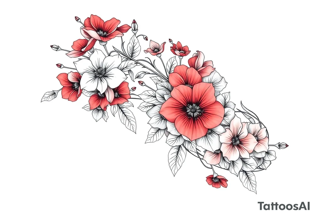 Full sleeve tattoo design of larkspur and hawthorn flowers, highly detailed line art, RED ink, elegant botanical style, intertwined composition, no shading, no human mock-up, clean stencil style suitable for tattooing, fit fully within boundaries. LINE ART ONLY, REMOVE HUMAN, NO SKIN, NO ARM, NO HUMAN BODY PARTS tattoo idea