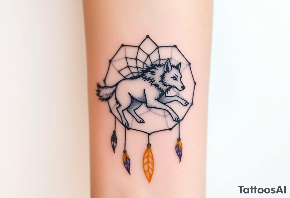 A wolf running through a dreamcatcher, with dreamcatcher threads trailing behind it, giving a sense of movement. The wolf is painted in silver and white, and the threads are in golden yellow and purple. tattoo idea