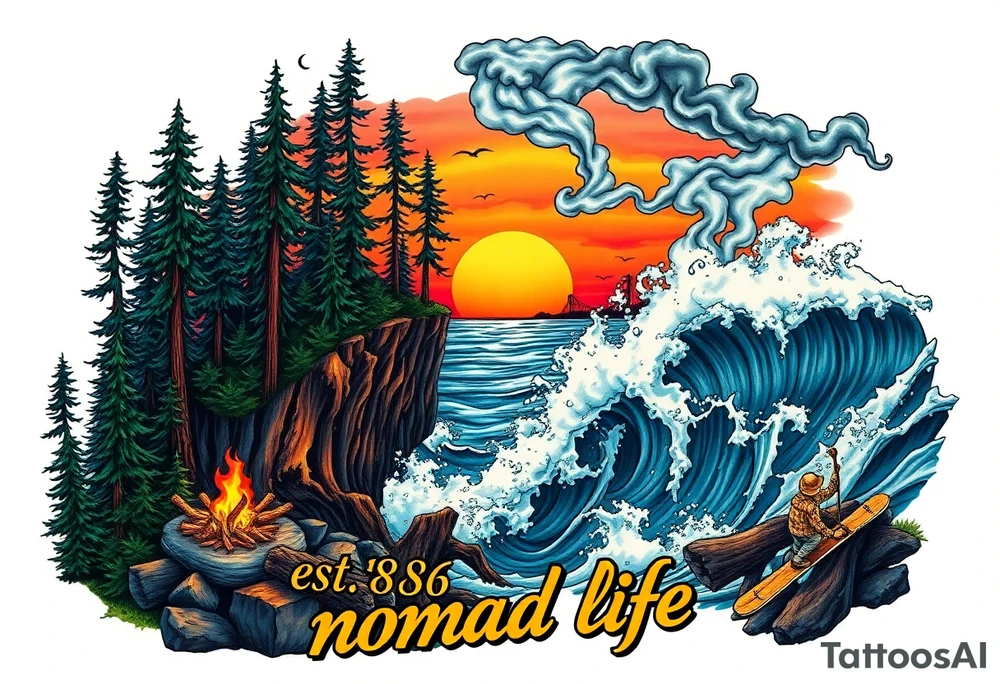 Collage of Redwood forest cliff huge trees campfire smoke and sunset meeting ocean  with huge waves crashing on the rocky shoreline and a night ski with the words "est.1986 nomad life" in graffiti like old English custom letters tattoo idea