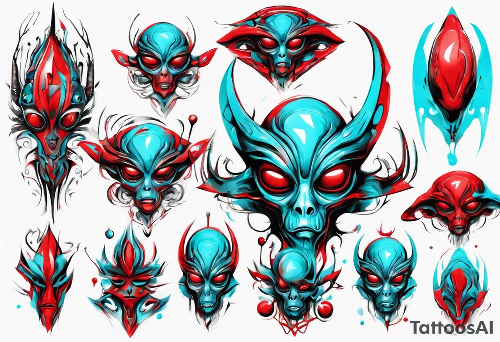 an art in the style of abstract alien, textured pigment planes, red and cyan, stencil art tattoo idea
