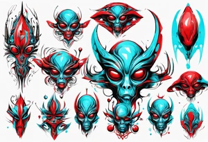 an art in the style of abstract alien, textured pigment planes, red and cyan, stencil art tattoo idea