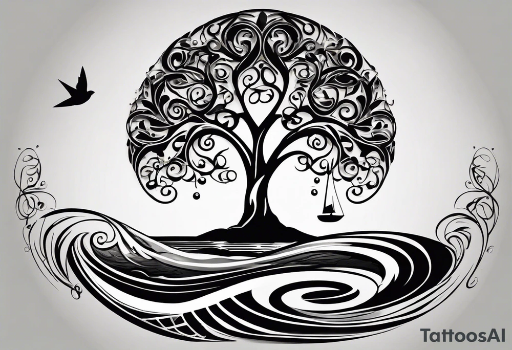 A tattoo design that incorporates the following elements: an abstract tree of life that has roots emerging  from the ground. Waves of water encapsulate the tree and wind around it in an organic way.  Incorporate music.   the letters U and A are overlapping and engraved into the tree. a golf ball incorporated but not prominent. tattoo idea