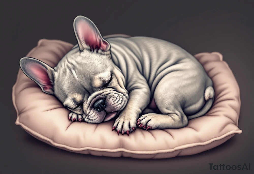 Sleeping French Bulldog puppy curled up in a ball, with light gray fur and subtle cream highlights, set on a cozy pillow. tattoo idea