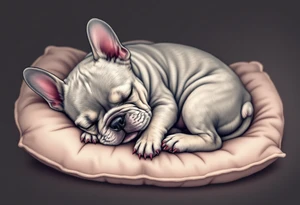 Sleeping French Bulldog puppy curled up in a ball, with light gray fur and subtle cream highlights, set on a cozy pillow. tattoo idea