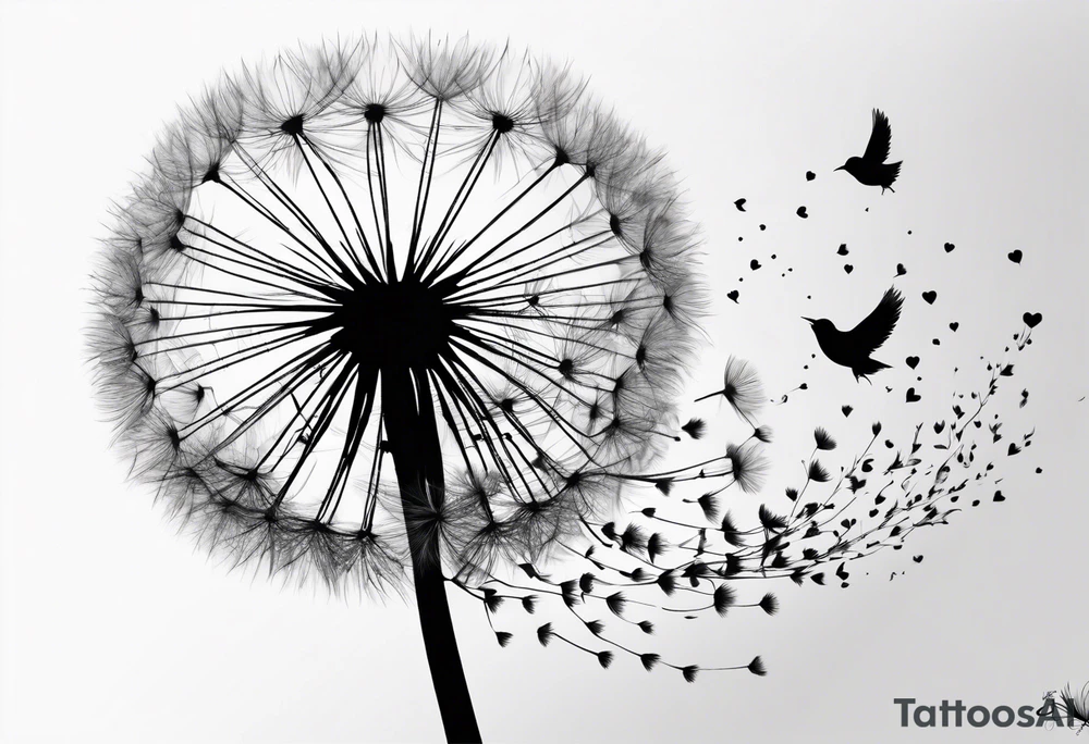 Dandelion with its ligules blowing away, a few legs are tiny hearts, the girls turn into a little bird, flying away to its future tattoo idea