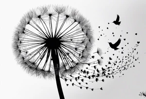 Dandelion with its ligules blowing away, a few legs are tiny hearts, the girls turn into a little bird, flying away to its future tattoo idea