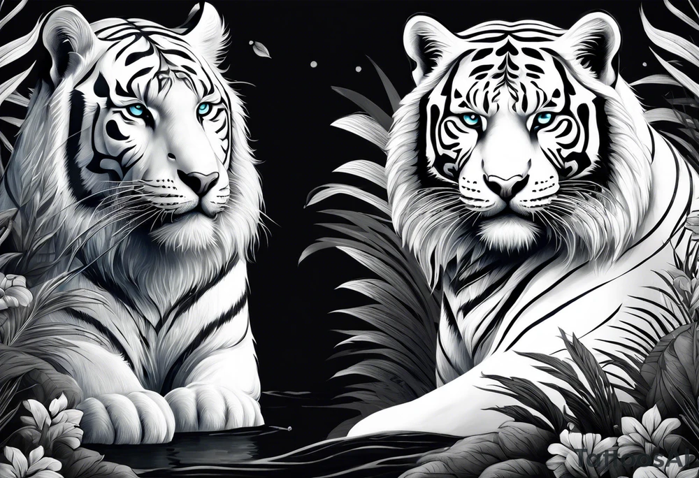 Two white tigers in nature separated by a waterfall tattoo idea
