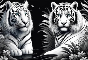Two white tigers in nature separated by a waterfall tattoo idea