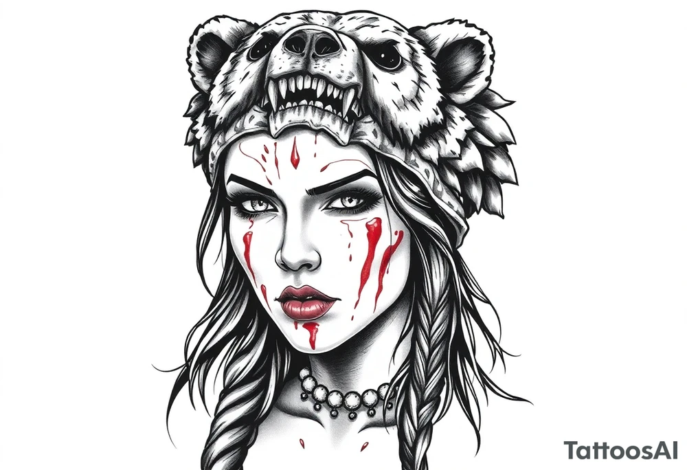 Beautiful Woman with battle scars and blood on face wearing angry dead bear headdress on head tattoo idea