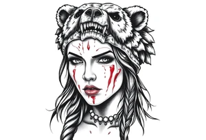 Beautiful Woman with battle scars and blood on face wearing angry dead bear headdress on head tattoo idea