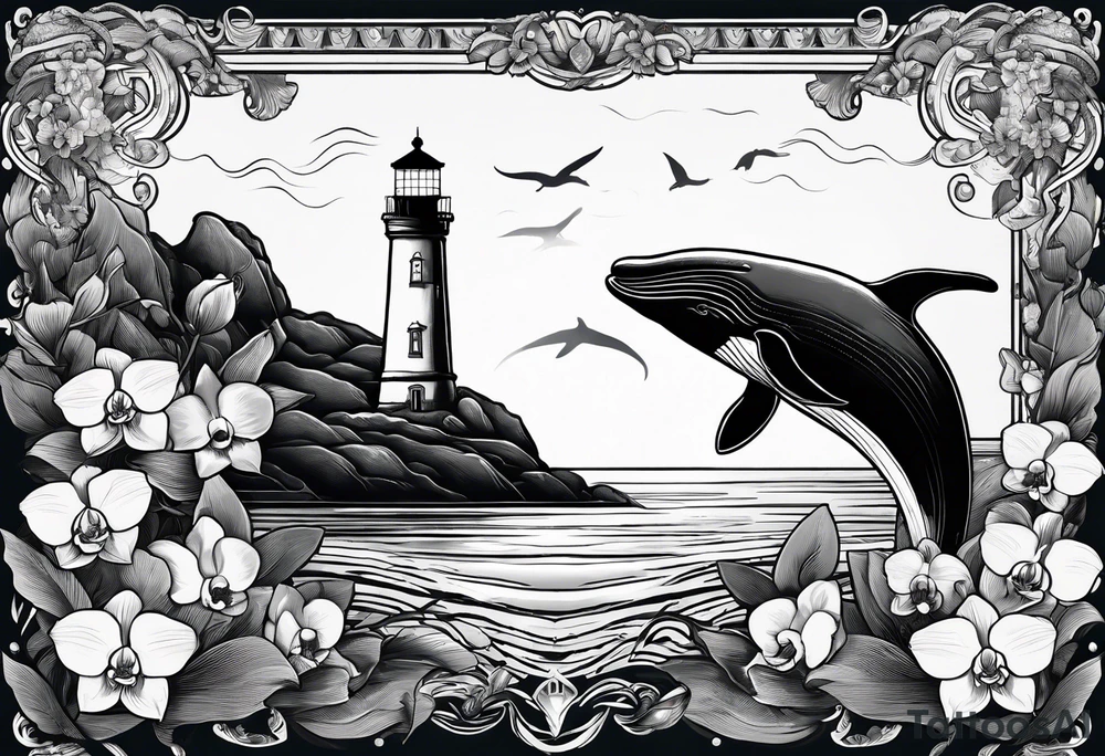 Lighthouse on a beach with a whale's tail sticking out of the water of the ocean with a border containing an anchor and orchids tattoo idea