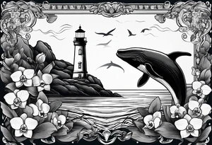 Lighthouse on a beach with a whale's tail sticking out of the water of the ocean with a border containing an anchor and orchids tattoo idea