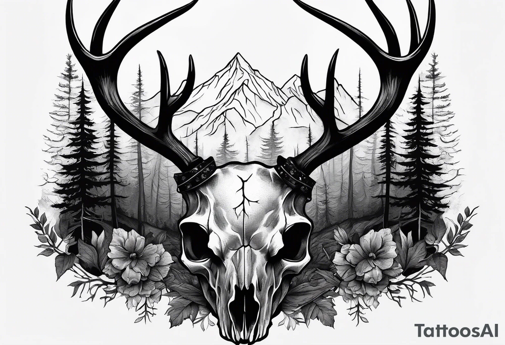 A SCARY side view of a decayed deer skull NO SKIN JUST BONE surrounded by a forest fire in background tattoo idea