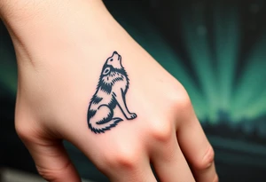 lone wolf howling at full moon with northern lights backdrop tattoo idea