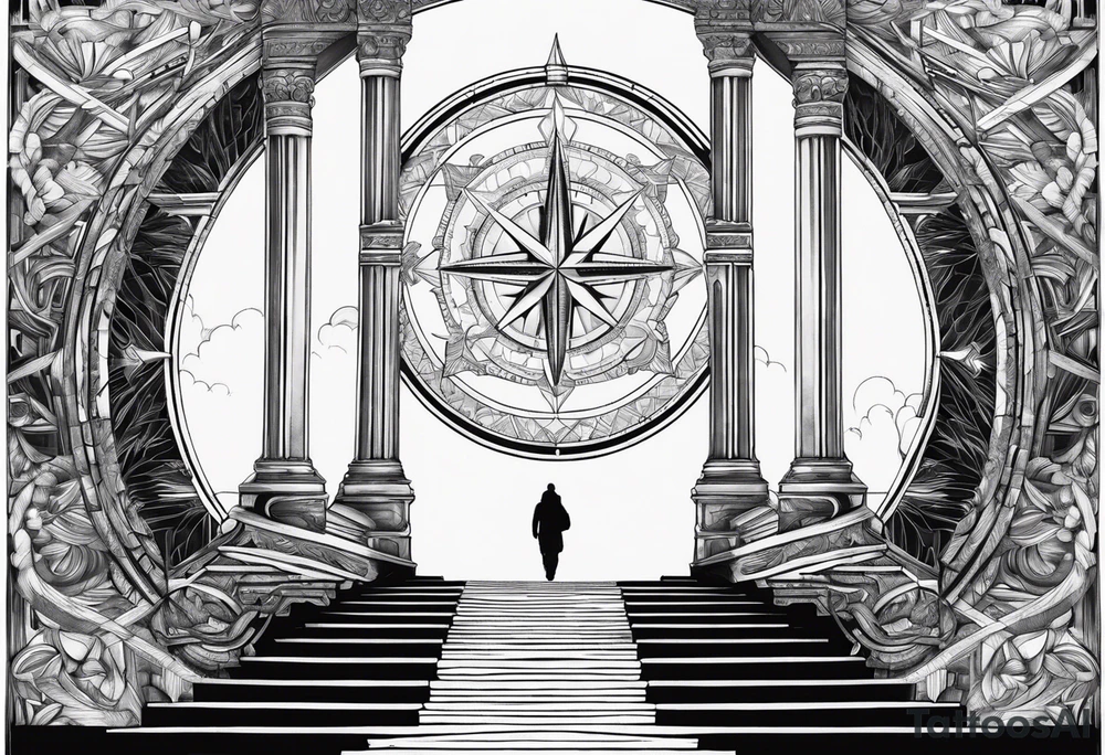 stairway to heavens gate with person walking up it, nortic compass tattoo idea