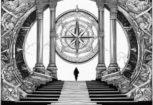 stairway to heavens gate with person walking up it, nortic compass tattoo idea