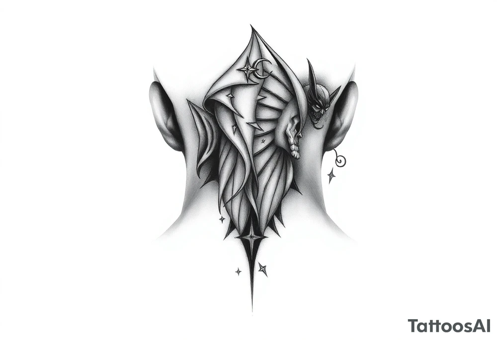 position behind the neck Angel (on the right) whispering in the right ear, demon (on the left) whispering in the left ear tattoo idea