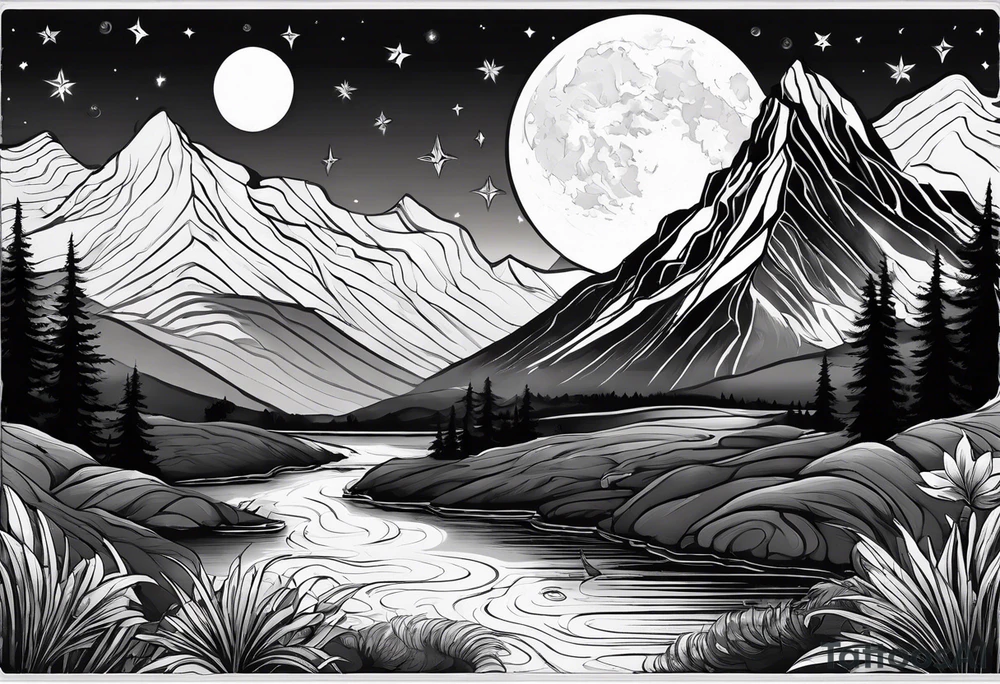 nature with mountains, waterfall, water, and a family of three in the background and and moon/sun in the sky with stars tattoo idea
