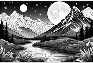 nature with mountains, waterfall, water, and a family of three in the background and and moon/sun in the sky with stars tattoo idea
