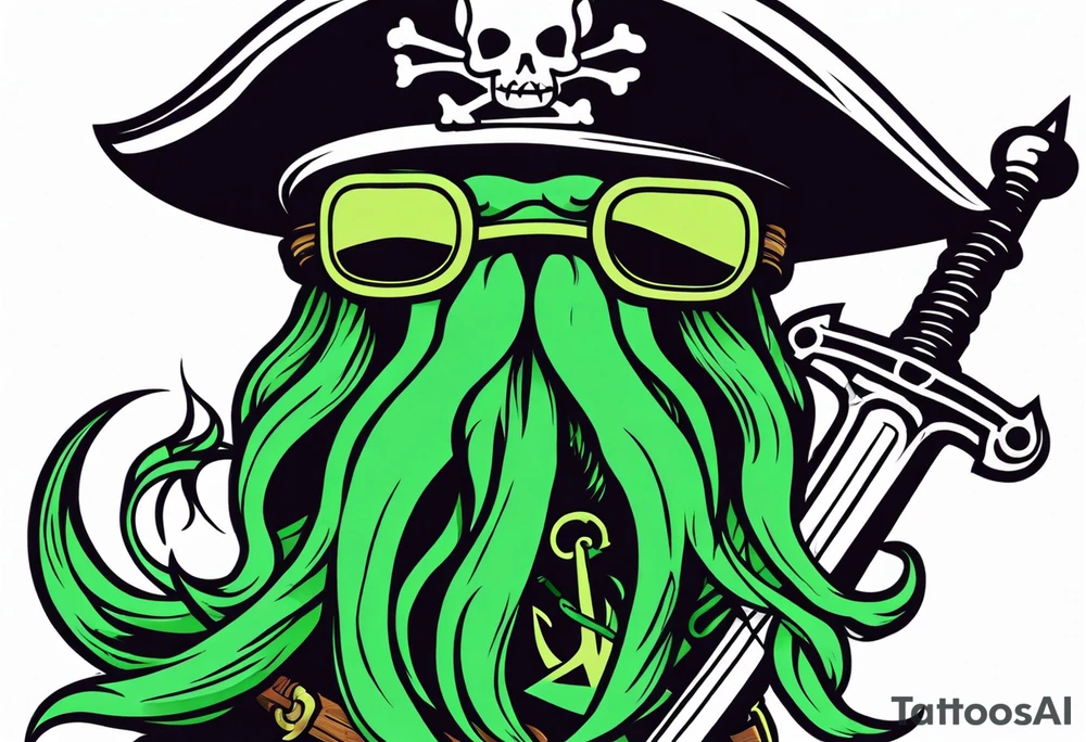 green pirate squid with eyepatch holding sword and anchor tattoo idea