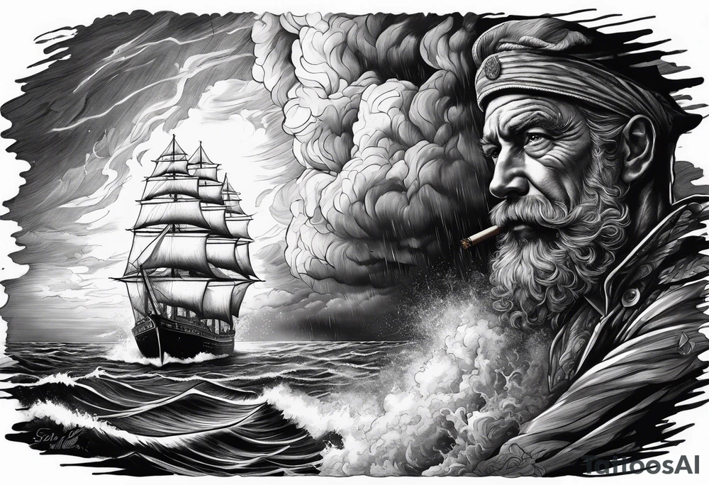 Sailor in storm at sea with his ship holding his cigar tattoo idea