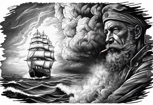 Sailor in storm at sea with his ship holding his cigar tattoo idea