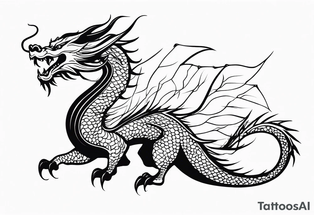 An epic floating asian dragon. Its long body coiling dynamically, with scales and horns detailed to create a sense of movement and strength. The dragon's giving a vibrant depth and a mystical aura. This tattoo highlights the dragon’s fierce expression and sharp claws. tattoo idea