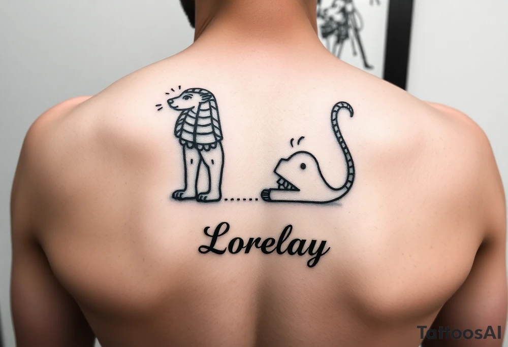 Crea un diseño significativo sobre la cultura egipcia y que tenga el nombre escrito por de bajo del diseño el nombre de mi hermana Lorelay para la parte baja del bíceps tattoo idea