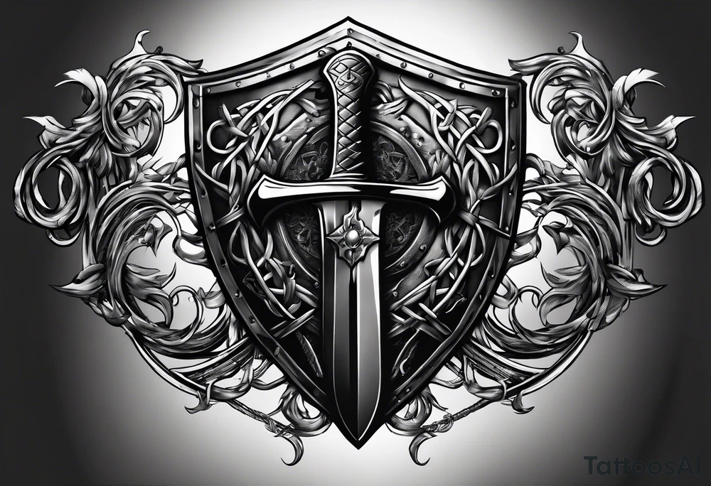Valhalla sword shield axe barbed wire chains dark cloud tattoo idea
