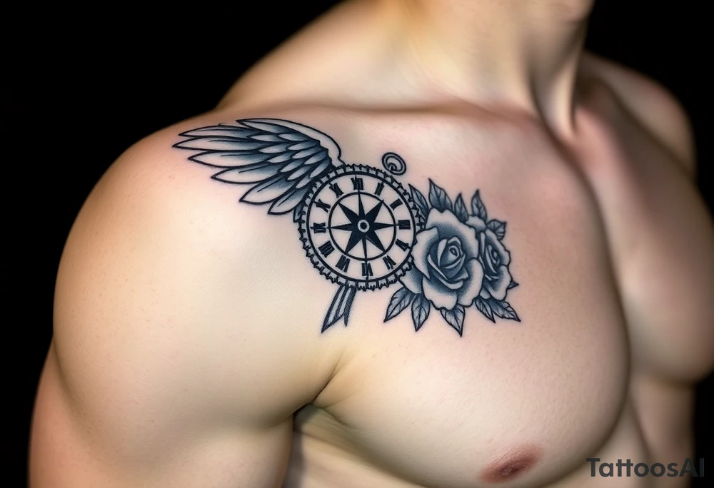 Wing with compass  a clock  with roses tattoo idea