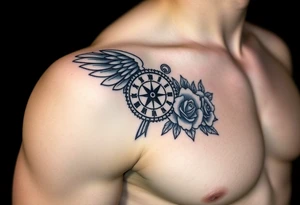 Wing with compass  a clock  with roses tattoo idea