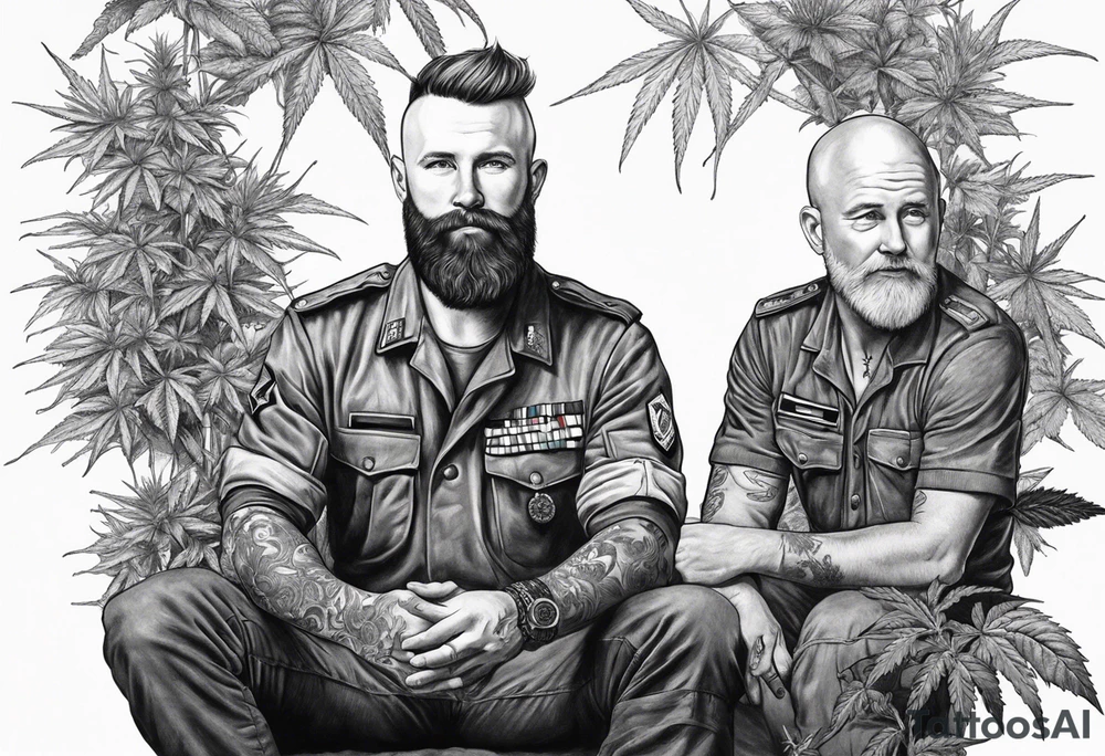 very big short hair 
irish guy with beard and bald skinny german military doctor sitting on a cannabis plant tattoo idea