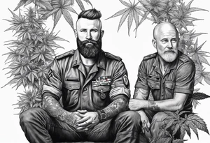 very big short hair 
irish guy with beard and bald skinny german military doctor sitting on a cannabis plant tattoo idea