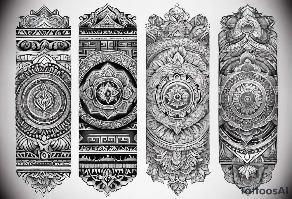 Hindu Sanskrit tribal design on right lower leg, below knee to top of feet for men tattoo idea