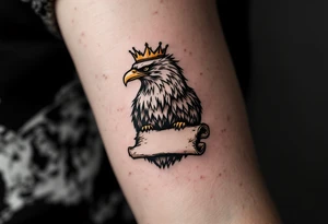 The eagle with golden crown gripping an ancient parchment slightly burnt, giving it an aged and mystical appearance. tattoo idea