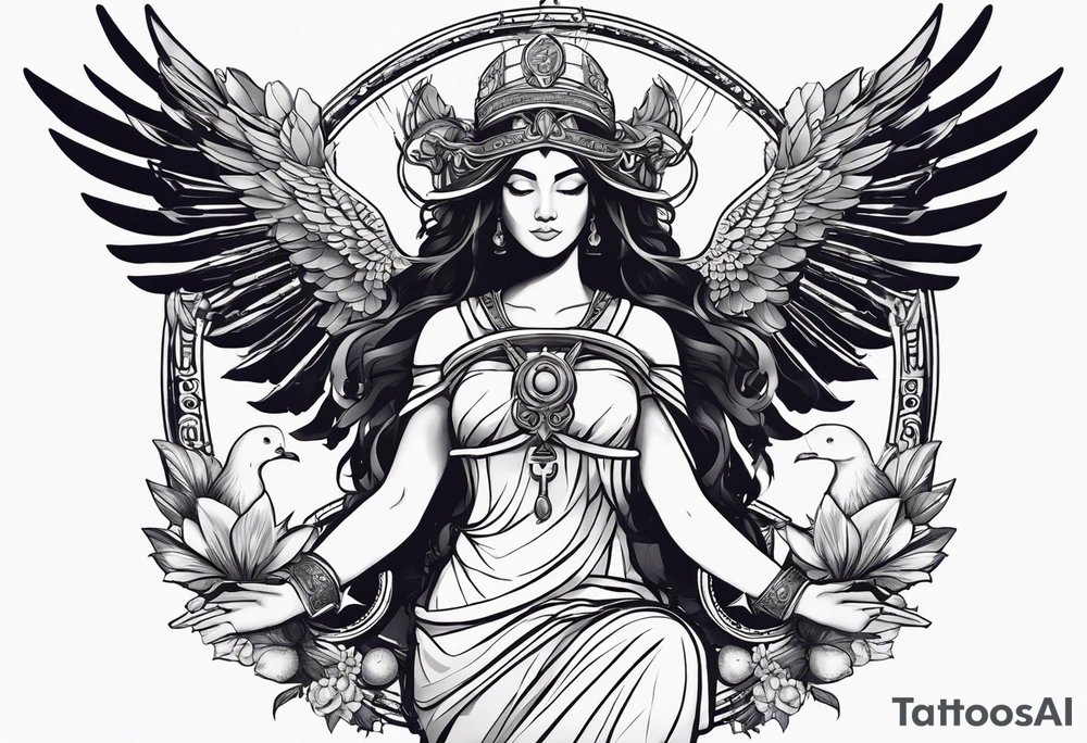 Imagine goddess Justitia with two wings, one angelic, one raven-like. She holds a scale. There is a banderole wrapped around her body with the expression „MEMENTO VIVERE“ on it. tattoo idea