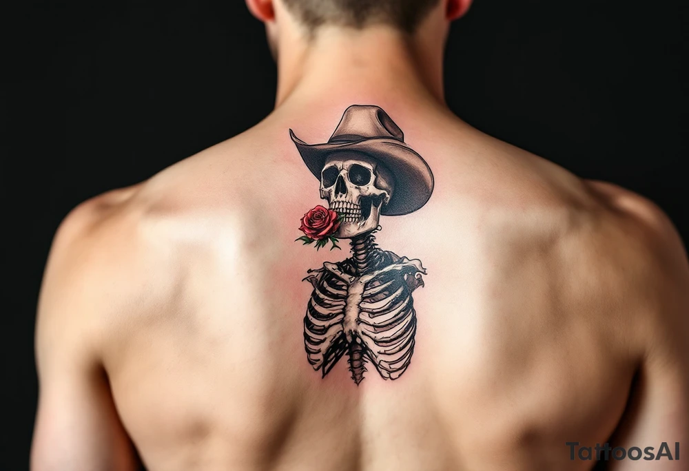 a full body skeleton cowboy with a rose in his mouth. tattoo idea