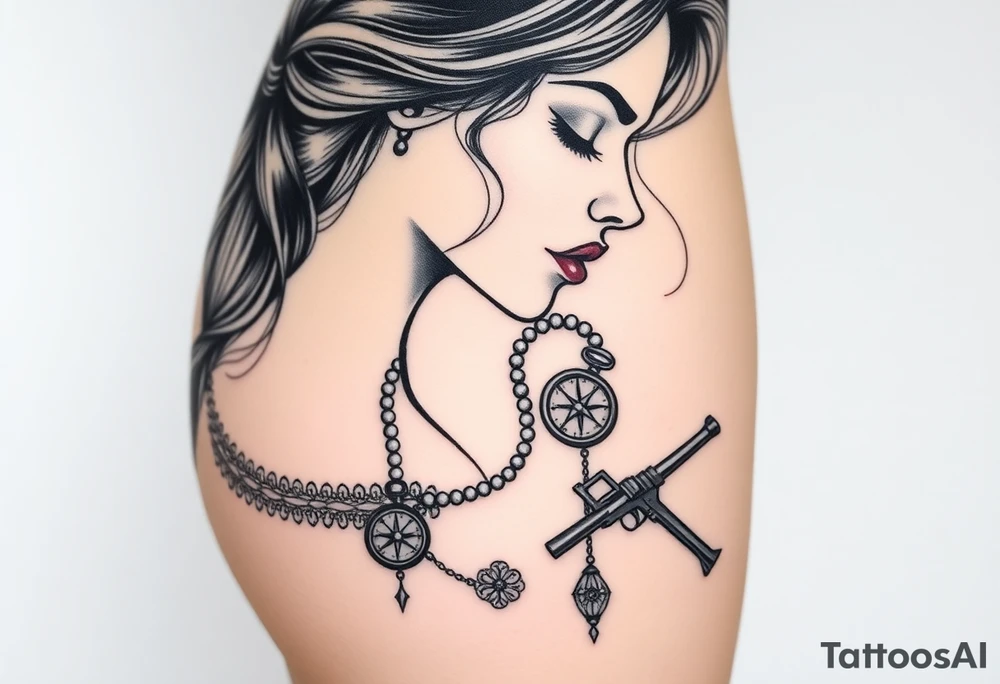 Profile of woman with messy hair 
, hand on chin, pearls hanging from mouth , lace, lipstick,  compass and gun near by tattoo idea