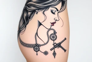 Profile of woman with messy hair 
, hand on chin, pearls hanging from mouth , lace, lipstick,  compass and gun near by tattoo idea