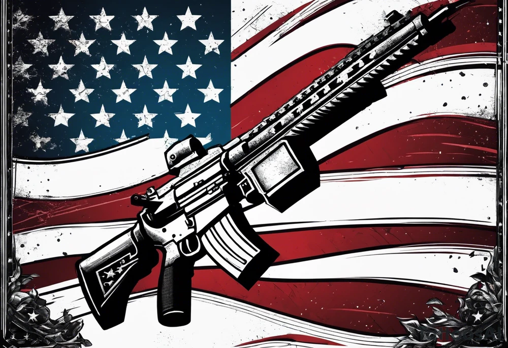 Distressed American flag behind a cross with 2 guns leaned on it simpler tattoo idea