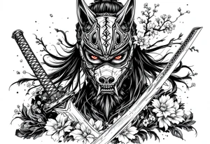 Woman samurai with red eyes wearing an half and broken kitsune mask, holding 
two katanas and Sakura flowers ornement tattoo idea