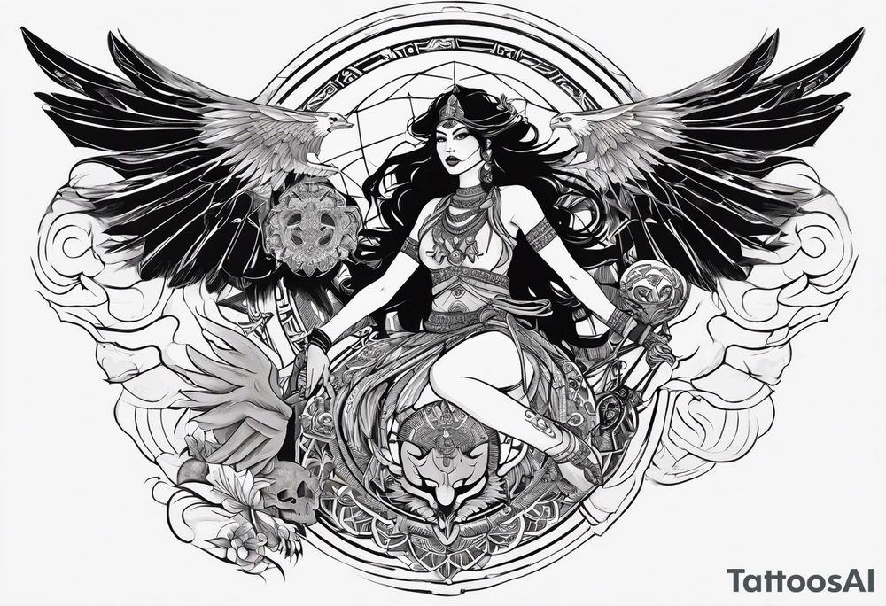 black kali, goddess pirate, alien, angel, pachamama, valkrye, warrior, flying, skull, lotus azul, wing, eagle, zenza resonance, stars, 5D, anahata chakra, death, durga, riding on a tiger, flying lady tattoo idea
