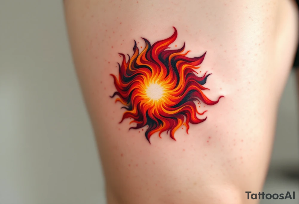A fiery circle in swirling shades of red, orange, and yellow resembling a miniature sun. tattoo idea