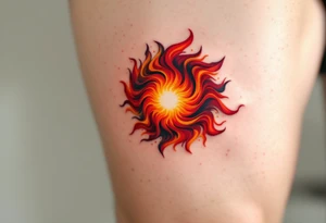 A fiery circle in swirling shades of red, orange, and yellow resembling a miniature sun. tattoo idea