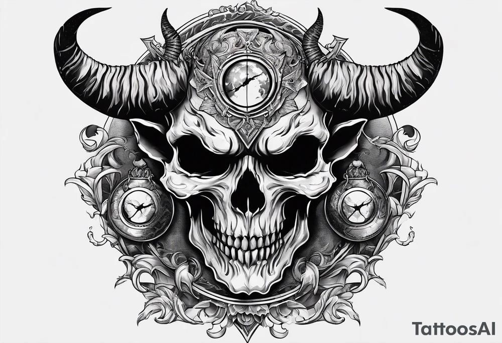 Devil skull  with hollow eyes and  horns holding the earth tattoo idea